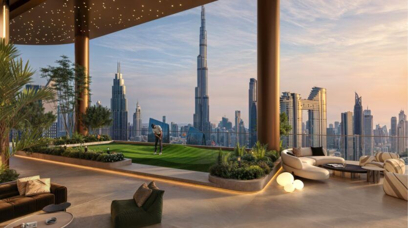 Un luxueux salon sur le toit de la Sol Luxe Tower, avec des plantes luxuriantes, des sièges confortables, un putting green et une vue imprenable sur l'horizon de Dubaï, y compris le Burj Khalifa, sous un plafond étoilé au coucher du soleil.