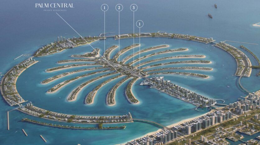 Aerial view of the Palm Jumeirah in Dubai, in the shape of a palm tree, with labeled dots highlighting the private residences of Palm Central, surrounded by sparkling blue waters and a breathtaking cityscape.