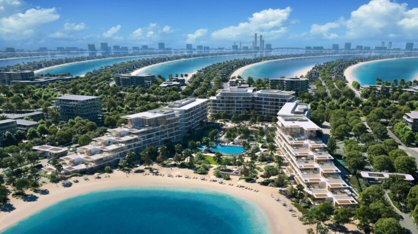 Aerial view of resorts and luxury villas arranged along Palm Central's palm-shaped curved islands, with turquoise water and sandy beaches, against a modern city backdrop, under a blue sky with scattered clouds.