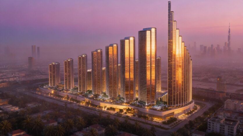 Eine Reihe großer moderner Glaswolkenkratzer leuchtet im Sonnenuntergang in Mercedes Benz City in einer nebligen Stadtlandschaft mit weiteren Wolkenkratzern im Hintergrund in goldenen Reflexen.