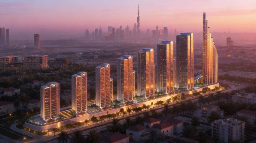 Eine Reihe moderner Wolkenkratzer leuchtet bei Sonnenuntergang in einer Mercedes Benz City, mit einer entfernten Skyline und dem Burj Khalifa im nebligen Hintergrund. Palmen und niedrige Gebäude umgeben das Gebiet.