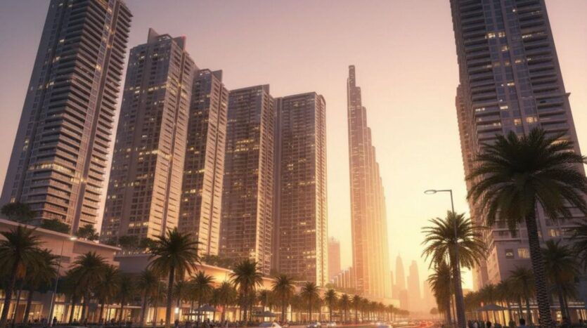 Eine Straße der Stadt, gesäumt von hohen modernen Wolkenkratzern und Palmen bei Sonnenuntergang, während das warme Licht der untergehenden Sonne die Gebäude der Mercedes Benz City beleuchtet und die Stadtlandschaft in goldenes Licht taucht.