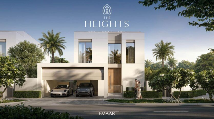 Villa moderne de deux étages avec de grandes fenêtres, un toit plat et un garage attenant pour deux voitures. Des palmiers et de la verdure entourent la résidence The Heights. Une personne se tient près de l'entrée. Le texte indique "THE HEIGHTS" et "EMAAR".