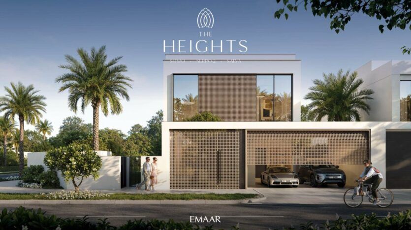 Villa moderne de deux étages avec palmiers et voitures de luxe dans l'allée. Deux personnes se tiennent près de l'entrée tandis qu'une autre passe à vélo. Le texte "The Heights" met en évidence cette destination exclusive, avec "EMAAR" en bas.