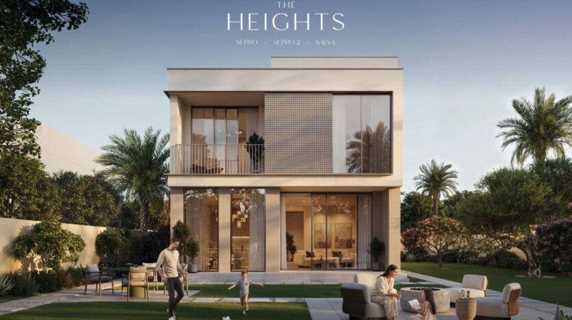 Une maison moderne à deux étages avec de grandes baies vitrées est nichée au milieu d'une pelouse verte et de palmiers. Un homme et un enfant se promènent à l'extérieur tandis qu'une femme se détend à une table de jardin. La mention "The Heights" est affichée en haut de la page, capturant l'élégance de ce cadre serein.