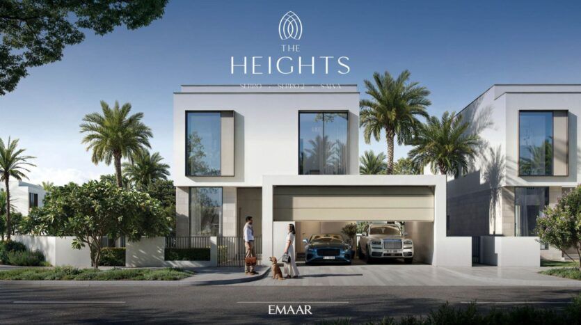 Villa de luxe moderne à The Heights avec deux étages, de grandes fenêtres et une allée spacieuse pouvant accueillir deux voitures haut de gamme. Deux personnes et un chien se tiennent à l'extérieur. Des palmiers et une végétation luxuriante entourent cette superbe résidence Emaar.