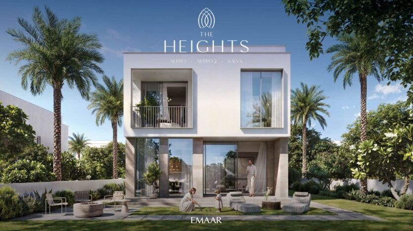 Villa moderne de deux étages avec de grandes baies vitrées, des sièges extérieurs et des personnes se relaxant dans le jardin. Des palmiers et de la verdure entourent la maison, incarnant le style de vie serein de The Heights. Les mots "The Heights" et "Emaar" apparaissent sur l'image.