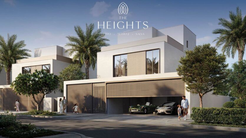 Villa de luxe moderne à The Heights avec de grandes fenêtres, des toits plats et une allée spacieuse avec deux voitures garées. Des personnes se promènent dans la propriété luxuriante bordée de palmiers. Le texte indique "The Heights".