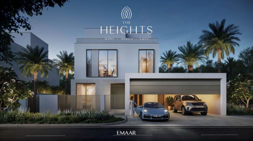 Maison de luxe moderne au crépuscule avec des palmiers, de grandes fenêtres et un double garage. Une voiture de sport noire et un SUV blanc sont garés dans l'allée. Le logo "The Heights" rehausse la scène, avec "Emaar" en dessous pour une touche de prestige.