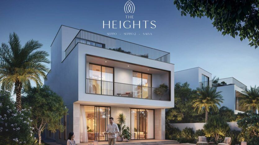 Villa moderne de deux étages avec de grandes fenêtres, des balcons et une végétation luxuriante. Un couple se tient près du patio, tandis que "The Heights" est affiché en haut, soulignant l'atmosphère lumineuse et haut de gamme de cette résidence exclusive.
