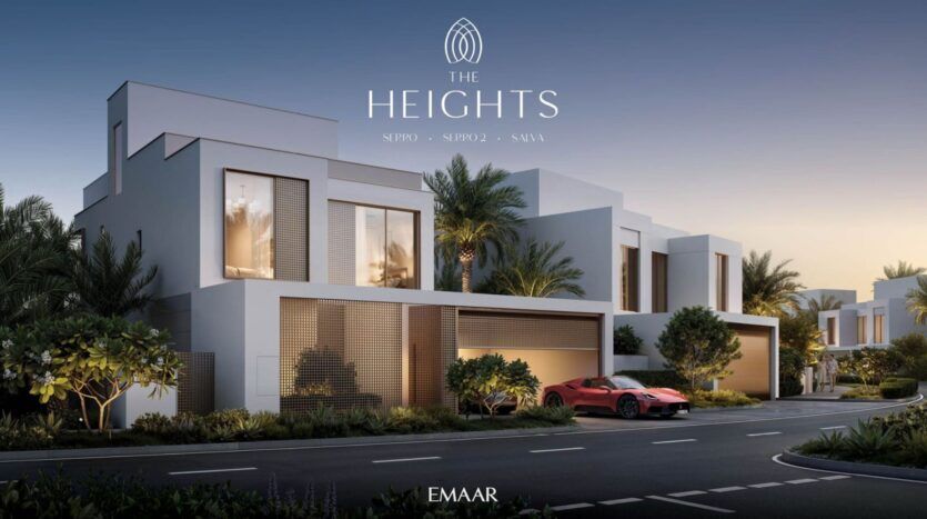 Des villas blanches modernes avec de grandes fenêtres et des palmiers bordent une rue tranquille au coucher du soleil. Une voiture de sport rouge est garée devant, soulignant l'attrait exclusif de The Heights by EMAAR. Le texte affiche "The Heights" ainsi que d'autres détails au-dessus des maisons.