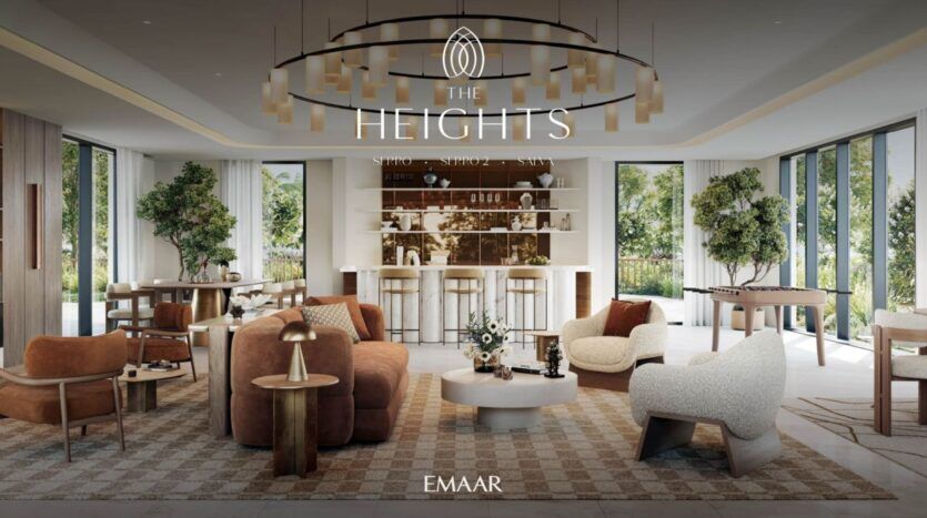 Salon moderne et luxueux avec des canapés et des fauteuils élégants, une table basse centrale, de grandes fenêtres donnant sur la verdure, un éclairage élégant et un bar chic à l'arrière. Le nom "The Heights" est affiché en haut.