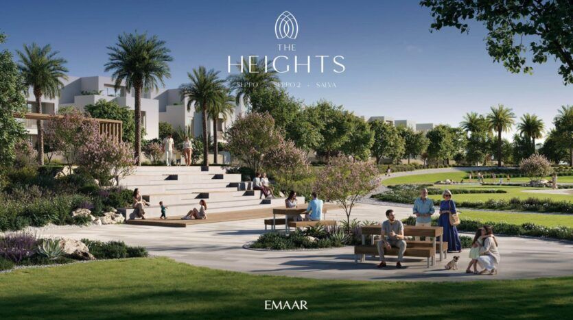Un parc paysager avec des palmiers, des jardins et des gens qui se détendent sur des bancs et des marches à The Heights. Des bâtiments modernes s'élèvent à l'arrière-plan. Le texte indique "The Heights, EMAAR, Expo 2 - SANAA.