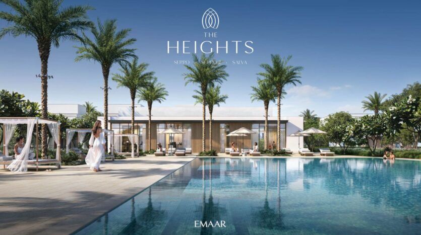 Découvrez l'incarnation de la détente à The Heights, où une piscine de luxe se déploie au milieu des palmiers, des cabanas modernes et de l'architecture contemporaine, le tout sous un ciel bleu limpide.