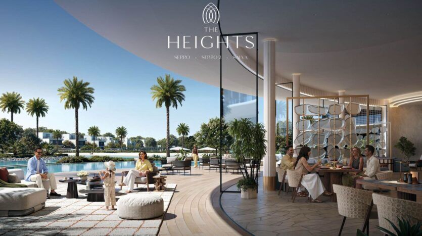Un salon moderne en plein air où les clients peuvent se détendre et dîner au bord d'une grande piscine, de palmiers et de bâtiments contemporains élégants sous un ciel clair. Le logo Heights est affiché en haut de l'image.
