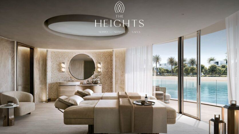Salle de spa luxueuse équipée de tables de massage, d'un éclairage doux et d'un décor moderne. De grandes fenêtres offrent une vue paisible sur la piscine et les palmiers, reflétant l'ambiance sereine de The Heights. Le logo et le texte "The Heights" apparaissent en haut de l'image.