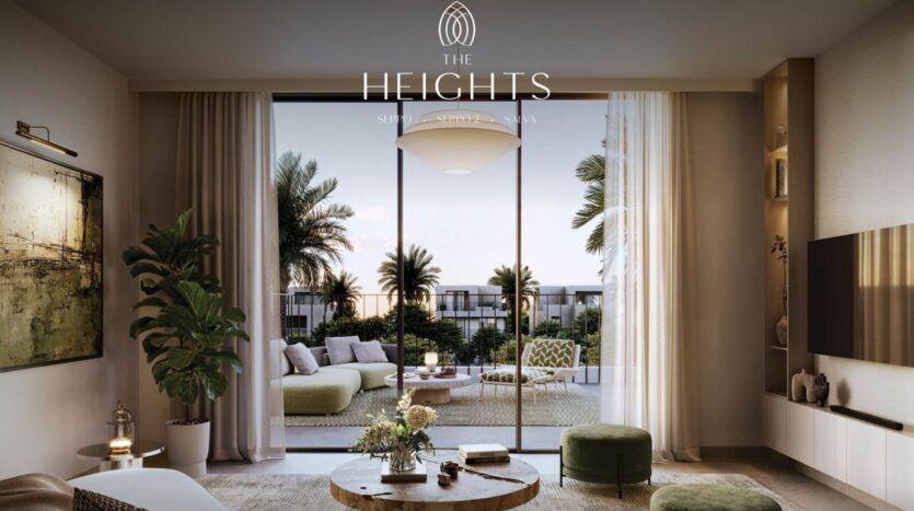 Salon moderne à The Heights avec de grandes portes vitrées s'ouvrant sur un patio, des sièges extérieurs et des palmiers. Les tons neutres, les meubles en peluche et la lumière naturelle créent une atmosphère relaxante et élégante. Logo textuel "The Heights" en haut.
