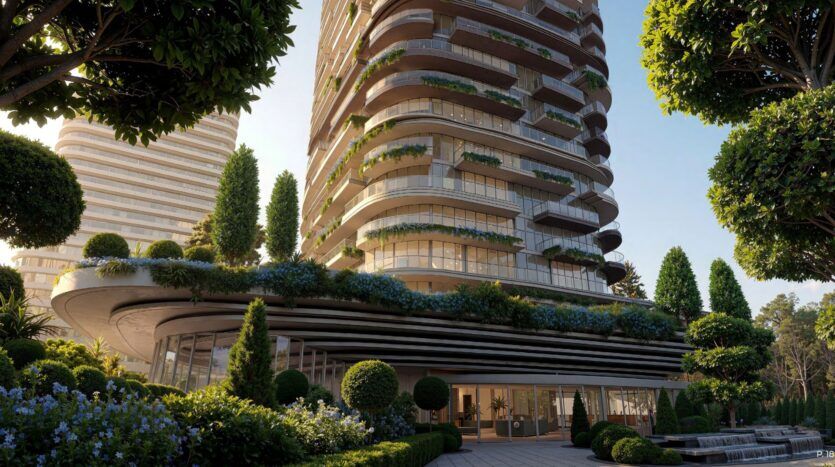 The Castle: A modern, curved tower with large balconies and lush green plants on each floor, surrounded by landscaped gardens and neatly trimmed trees, under a clear sky.