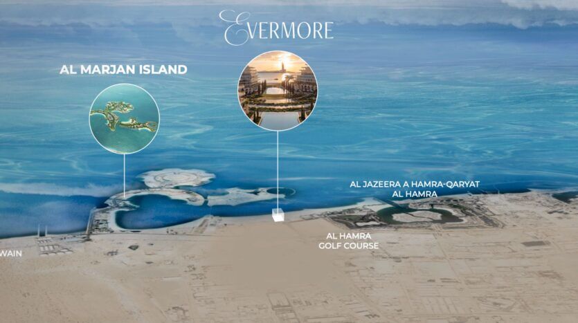 Map of the coastline showing Al Marjan Island, The Castle, and Al Hamra Golf Course in Ras Al Khaimah, United Arab Emirates, with labeled circles indicating Evermore and various landmarks along the coastline, and the ocean in the background.