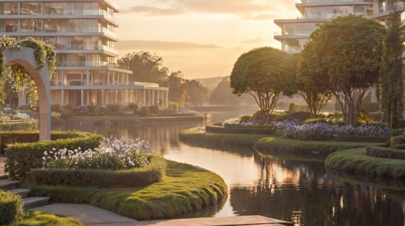 Modern buildings, including Le Château, surround a serene canal with manicured lawns, colorful flower beds, and neatly trimmed trees, all bathed in soft golden light at sunset.