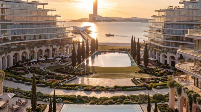 A luxurious waterfront resort at sunset, Le Château features landscaped gardens, two modern buildings, a large swimming pool, and breathtaking views of the sea with a boat and the city skyline in the background.