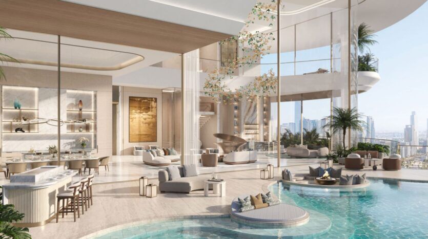 Découvrez le luxueux salon à aire ouverte d'Amali Residences, doté d'un mobilier moderne, d'une piscine intérieure circulaire, de hautes fenêtres avec vue sur la ville, d'un décor contemporain, de plantes luxuriantes et d'un éclairage élégant dans un cadre lumineux et spacieux.