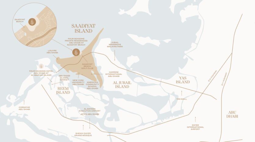 Carte de l'île de Saadiyat, de l'île d'Al Jubail, de l'île de Reem et de l'île de Yas, près d'Abu Dhabi, indiquant les principaux points d'intérêt tels que les musées, les hôtels, les parcs, les aéroports et les résidences privées Four Seasons.