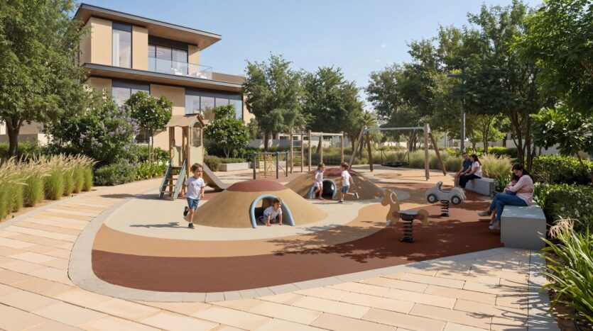 Les enfants s'amusent sur une aire de jeux moderne avec des tunnels, des balançoires et des jouets à enfourcher à River Cove Residences, entourée de verdure et d'un immeuble résidentiel de plusieurs étages. La zone carrelée est ombragée par des arbres, créant ainsi un espace accueillant pour les familles.