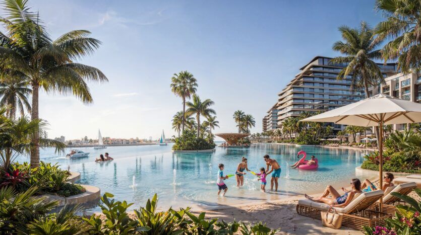 Les gens se détendent au bord de la grande piscine tropicale de River Cove Residences, entourée de palmiers, de chaises longues et de parasols. Certains nagent et jouent dans l'eau tandis que d'autres se prélassent. Des bâtiments modernes et un ciel bleu clair complètent la scène.