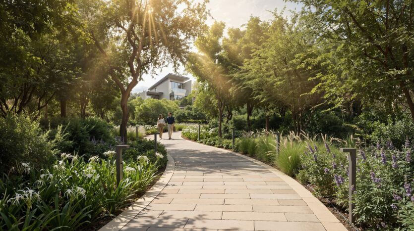 Un chemin pavé serpente dans un jardin luxuriant et ensoleillé des résidences River Cove. Deux personnes marchent ensemble au loin, une maison moderne étant visible au-delà de la verdure, les rayons du soleil filtrant à travers les arbres.
