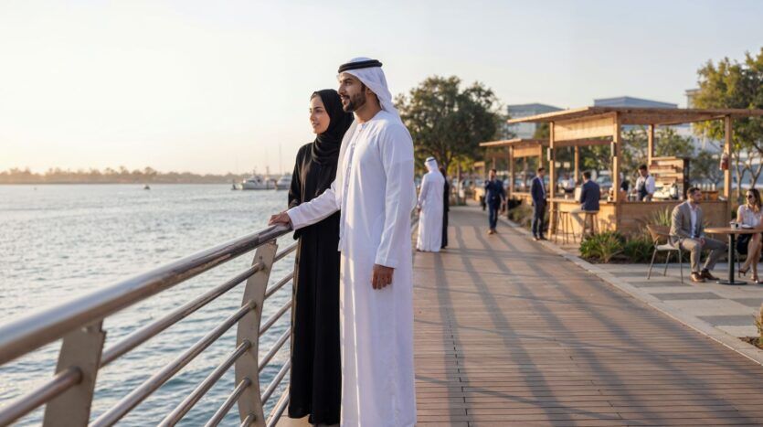 Un homme et une femme portant des vêtements traditionnels du Moyen-Orient se tiennent près d'une balustrade sur la promenade du front de mer de River Cove Residences et regardent l'eau. À l'arrière-plan, des personnes sont assises à des cafés en plein air, sous un ciel dégagé.