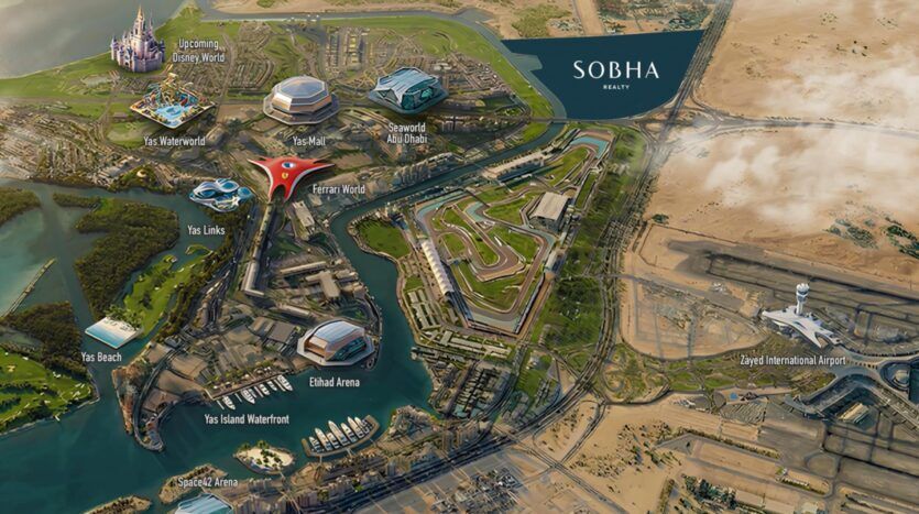 Aerial view showing the attractions of Yas Island in Abu Dhabi, including the Etihad Arena, the Yas Marina Circuit, theme parks, a golf course, waterfront areas, and its proximity to Zayed International Airport and The Orchard by Sobha.