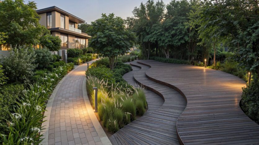 A modern home in The Orchard by Sobha featuring large windows, lush greenery, a curved paved driveway, and an adjacent wooden deck with a wave-like design, both softly illuminated by small path lights in the evening.