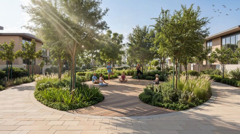 A group of people are sitting and standing on a circular wooden platform surrounded by greenery and trees in The Orchard by Sobha, a landscaped park with modern buildings in the background on a sunny day.