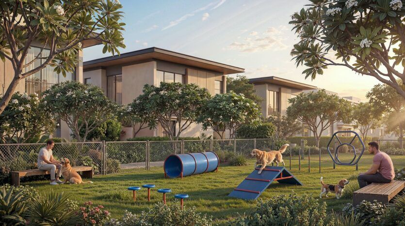 A fenced-in dog park in a residential neighborhood of The Orchard by Sobha, featuring trees, dog agility equipment, and two people sitting on benches while several dogs play on the grass. Modern homes are visible in the background under a clear sky.