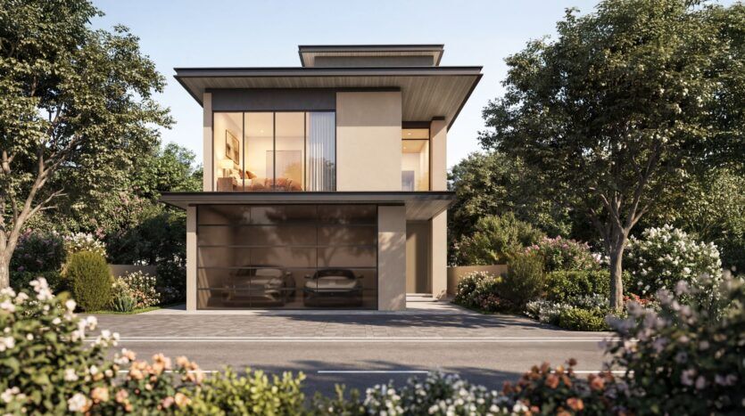 A modern two-story home featuring large floor-to-ceiling windows, a flat roof, and a stylish garage in The Orchard by Sobha. Surrounded by lush greenery, flowering shrubs, and trees, the home offers space for two cars in the garage and a paved driveway leading to the street.