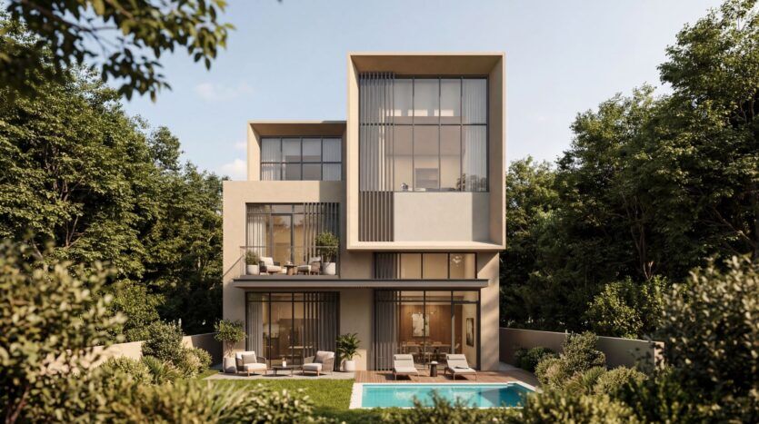 A modern three-story home in The Orchard by Sobha, featuring large floor-to-ceiling windows, outdoor relaxation areas, and a swimming pool set in a landscaped garden, surrounded by trees under a clear sky.