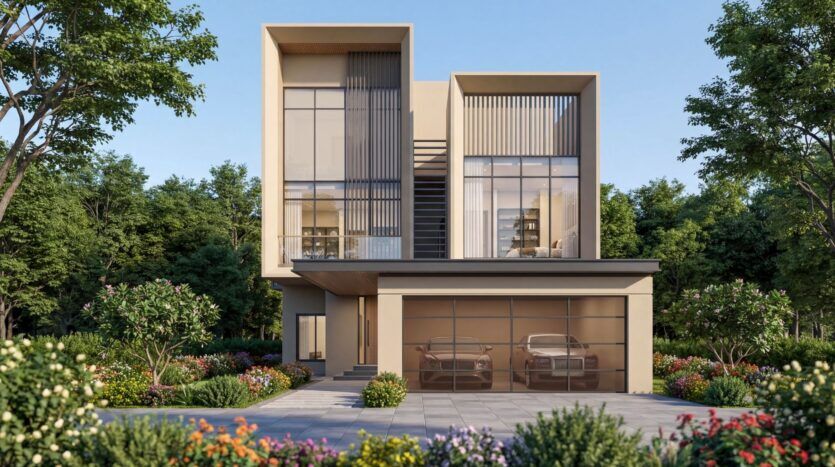 A modern two-story home at The Orchard by Sobha features large floor-to-ceiling windows, cube-shaped design elements, and a two-car garage, all surrounded by lush greenery, colorful flowers, and trees under a clear blue sky.