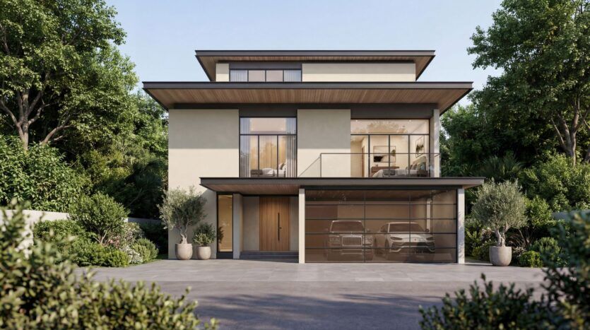A modern two-story house with a flat roof, large windows, a beige exterior, wood accents, and a glass garage door that fits two cars. The Orchard by Sobha is surrounded by potted plants, shrubs, and trees.