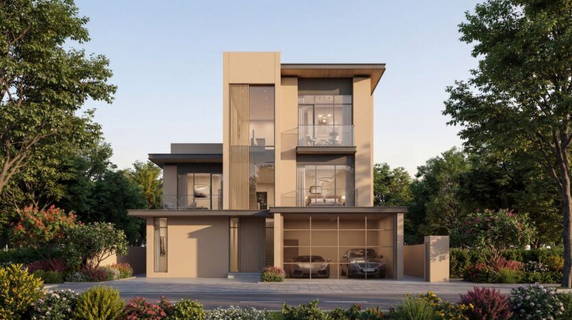 A modern three-story home at The Orchard by Sobha features large floor-to-ceiling windows, parking for two cars in the garage, and lush landscaping with green trees and colorful shrubs surrounding the property.