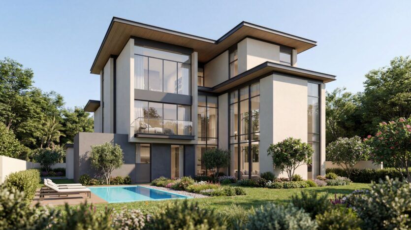 A modern two-story home in The Orchard by Sobha, featuring large floor-to-ceiling windows, surrounded by a landscaped garden with flowering plants and shrubs. A rectangular pool and lounge chairs are located in the backyard, surrounded by trees and a clear blue sky.