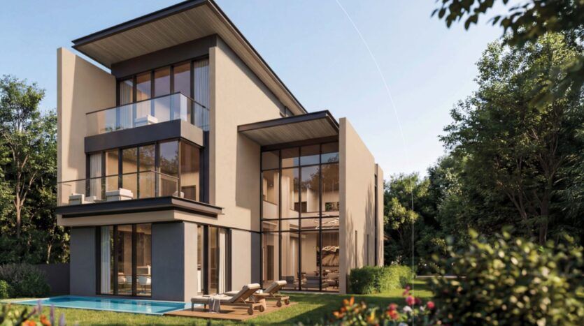 A modern three-story home in The Orchard by Sobha, featuring large floor-to-ceiling windows and balconies, surrounded by lush greenery and a well-manicured lawn, with a small pool and lounge chairs in the backyard for sunny days.