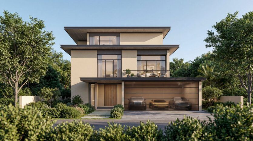 A modern three-story home featuring large windows, a spacious balcony, and a two-car garage with glass doors at The Orchard by Sobha. Surrounded by lush greenery and trees, it boasts a paved driveway and enjoys clear, sunny skies.