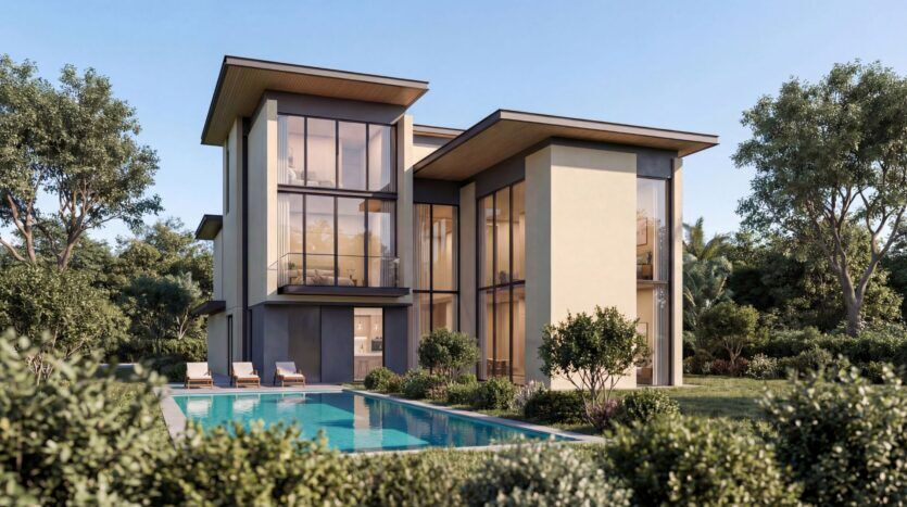 A modern two-story home in The Orchard by Sobha featuring large floor-to-ceiling windows, surrounded by trees and greenery, with a rectangular pool and several lounge chairs in the backyard under a clear blue sky.