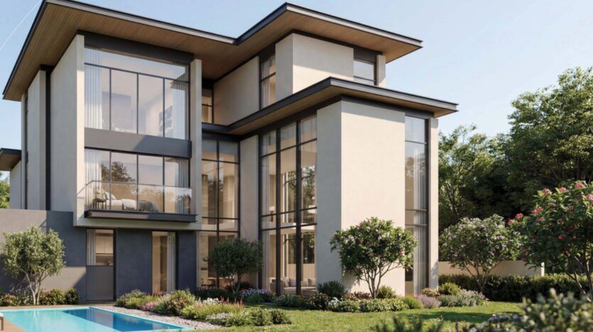 A modern three-story home with large floor-to-ceiling windows at The Orchard by Sobha, surrounded by landscaped gardens and trees, featuring a backyard pool under a clear blue sky.