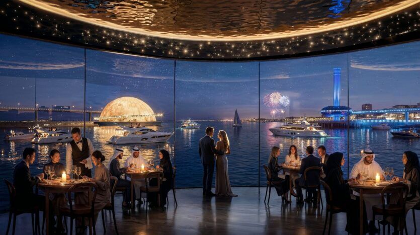 The luxurious waterfront restaurant at The Orchard by Sobha, with its soft lighting, features large windows offering views of yachts, fireworks, and a glowing dome above the water. Elegantly dressed guests dine at candlelit tables, while a couple stands together by the window.