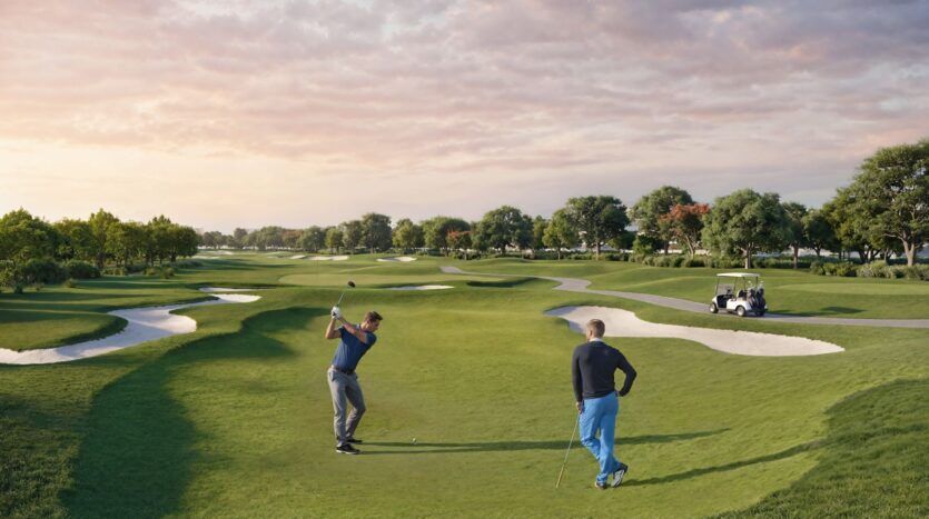 Deux hommes jouent au golf sur un fairway vert avec des bunkers de sable sous un ciel partiellement nuageux au coucher du soleil à The Terraces by Sobha ; l'un balance son club pendant que l'autre regarde, et une voiturette de golf est garée à proximité.
