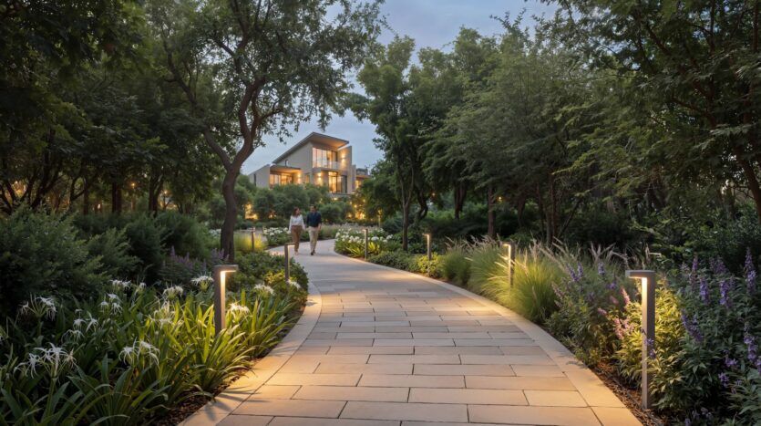 Une allée pavée bordée de lampes de jardin serpente à travers une végétation luxuriante à The Terraces by Sobha, menant à une maison moderne. Deux personnes se promènent sur le chemin, entouré d'arbres et de plantes à fleurs au crépuscule.