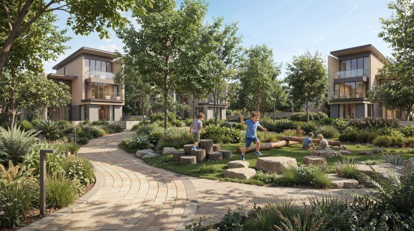 Les enfants jouent sur des rochers et des rondins de bois dans un jardin paysager aux allées sinueuses à The Terraces by Sobha, entouré d'arbres, de buissons et de maisons de ville modernes sous un ciel bleu clair.