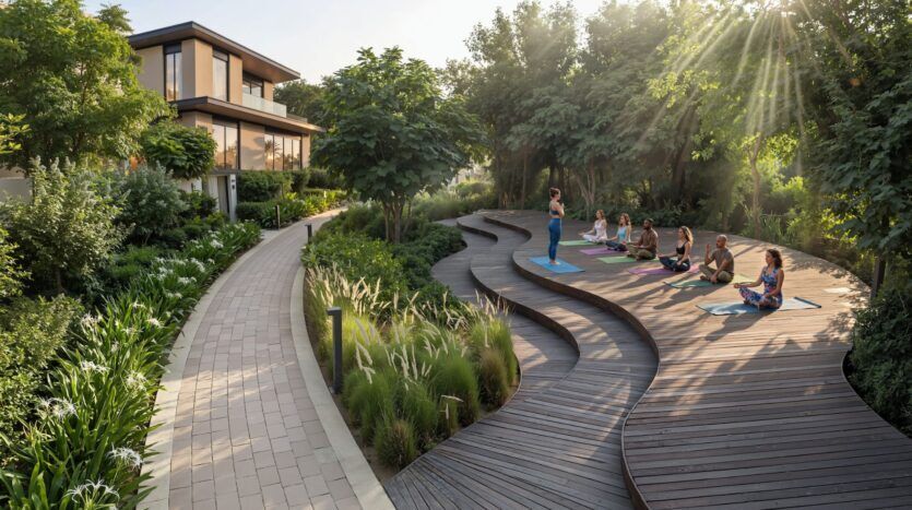 Un groupe de personnes pratique le yoga sur une terrasse en bois incurvée à The Terraces by Sobha, entourée d'une végétation luxuriante à côté d'une maison moderne, la lumière du soleil passant à travers les arbres.